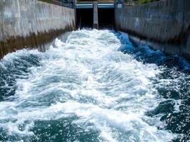 Water flowing rapidly through a concrete channel, creating waves and ripples. photo