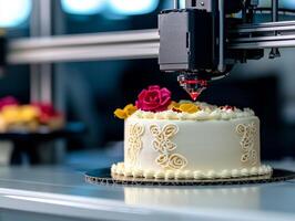 Modern cake decoration using a robotic arm with roses on top, white isolate background. photo