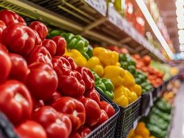 Colorful peppers displayed in baskets in a grocery store aisle. photo
