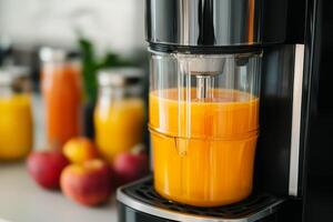 Freshly squeezed orange juice in a modern juicer with fruit in background. photo