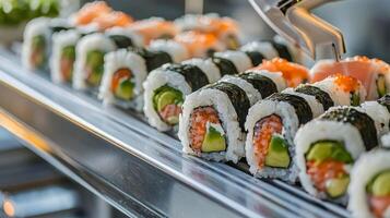 Delicious sushi rolls arranged neatly on display, vibrant and fresh ingredients. photo