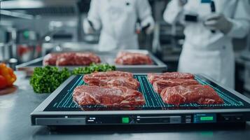 Fresh meat steaks on a preparation table in a busy kitchen setting, chefs in background. photo
