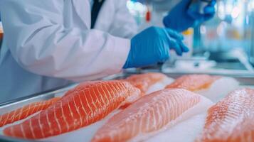 Fresh salmon fillets prepared in a seafood kitchen, white isolate background photo