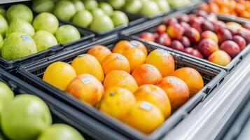 Fresh fruits displayed in a supermarket with vibrant colors and appealing arrangement. photo