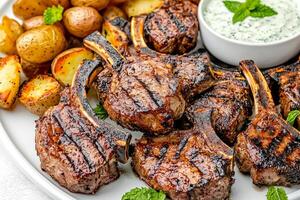 Grilled lamb chops served with roasted potatoes and mint dipping sauce. photo