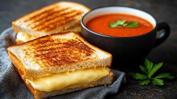 Delicious grilled cheese sandwich with tomato soup, perfect comfort meal. photo