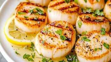 Grilled scallops on a plate with herbs and lemon, delicious seafood dish. photo