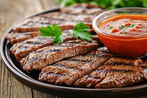 Grilled steak slices served with spicy sauce on a wooden table. photo