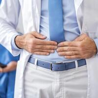 Doctor in a white coat adjusting his tie in a clinical setting. photo