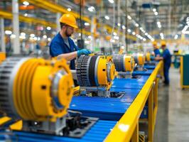 Worker assembling machinery in a factory, bright industrial setting. photo