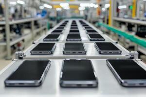 Smartphones on assembly line in a factory. photo