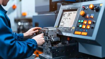 Worker operating advanced machinery in a manufacturing facility. photo