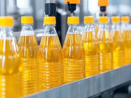 Bottles of yellow liquid on production line in a factory setting. photo