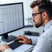 Focused man working on computer with spreadsheets in modern office. photo