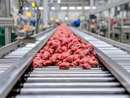 Meat products on a conveyor belt in a processing facility, modern production environment. photo