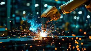 Robotic arm performing welding in a modern industrial setting. photo