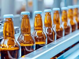 Brown glass bottles on a production line in a beverage factory photo