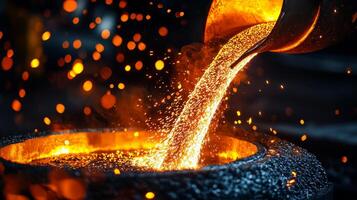 Molten metal pouring from a ladle, creating sparks and glowing light in a dark setting. photo