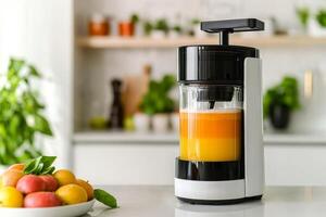 Juicer with fresh juice and fruits on the kitchen counter, bright and modern setup. photo