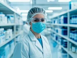 Healthcare worker in lab coat with mask, standing in a pharmaceutical storage area. photo