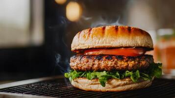 Grilled burger with lettuce and tomato, steaming and delicious. photo