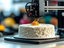Cake decoration process with 3D printer, blurred background. photo