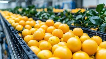 Fresh oranges stacked in crates at a fruit processing facility. photo