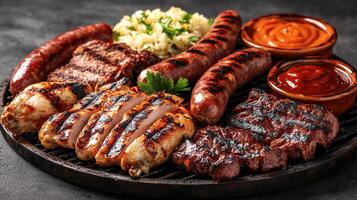 Platter of grilled meats including sausages, steaks, and sauces on a black background. photo