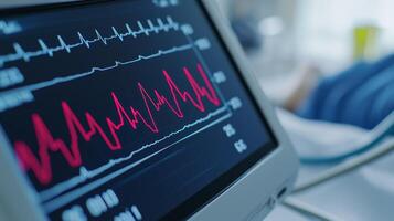 Close-up view of a medical monitor displaying heart rate and vital signs. photo