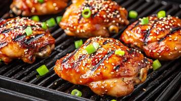 Grilled chicken thighs with sesame seeds and chopped green onions on a grill. photo
