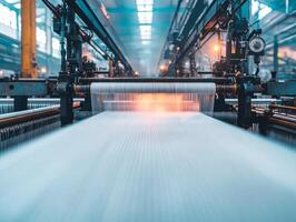 Manufacturing machinery in action, producing fabric in a textile factory. photo