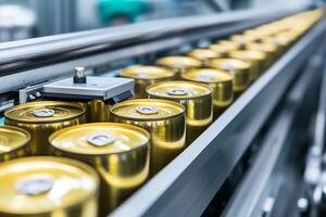 Cans on a conveyor belt in a modern beverage factory, seamless production line. photo