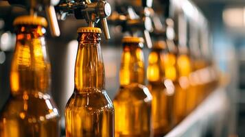Row of amber beer bottles on a production line in a brewery. photo