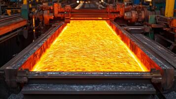 Molten metal flowing in a foundry machinery system, industrial background. photo