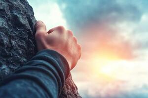 A hand grasping a rocky surface against a dramatic sunset sky. photo