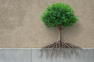 Tree with roots exposed against a textured wall, symbolizing growth and resilience. photo