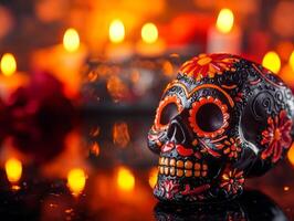 Colorful sugar skull illuminated by warm candlelight, vibrant floral patterns. photo