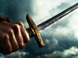 A warrior's hand grips a sword against a dramatic cloudy background. photo