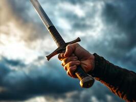 A hand grasping a sword against a dramatic cloudy sky. photo