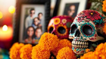 Colorful sugar skulls with marigold flowers, symbolizing the Day of the Dead. photo