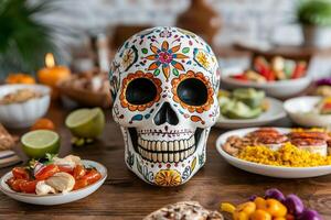 Colorful sugar skull centerpiece surrounded by festive food on a vibrant table. photo