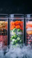 Colorful vegetables and fish in clear containers, smoky background. photo