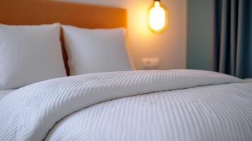 Cozy white bedding on a comfortable hotel bed with soft pillows. photo
