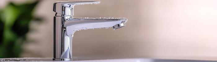 Modern chrome faucet with flowing water, designed for contemporary kitchens. photo