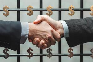 Two businessmen shaking hands in front of dollar signs. photo
