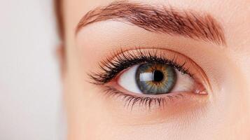 Close-up of a human eye showcasing beautiful green iris and natural eyelashes. photo