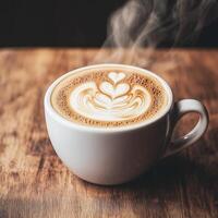Delicious coffee cup with latte art on wooden table with steam rising. photo