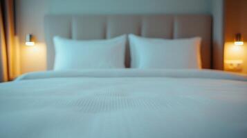 Cozy bedroom with soft white bedding and stylish lamps, inviting restful sleep. photo