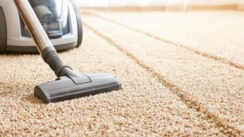 Vacuum cleaner on a carpet, showcasing clean and tidy living space, soft texture. photo