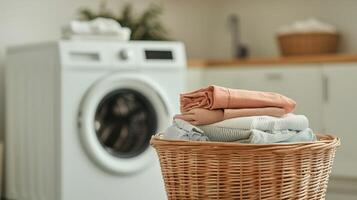 Basket with clean folded laundry near a washing machine in a laundry room. photo